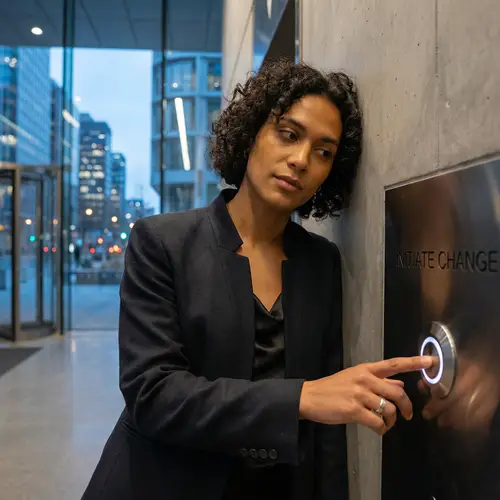 Ambiguous Gender Hispanic Model Pushing Button in Urban Setting