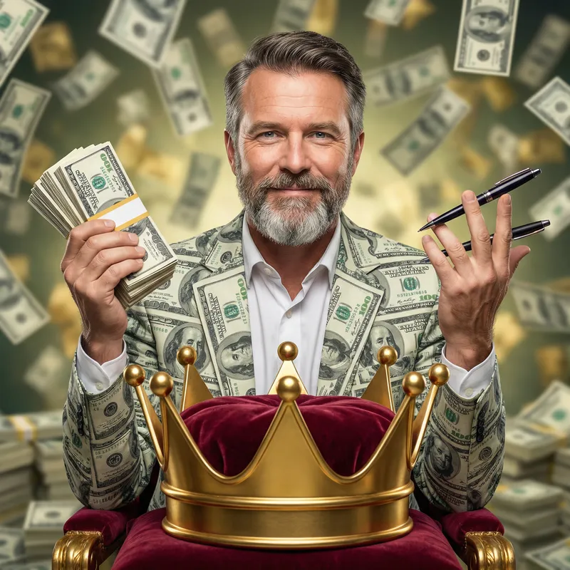 Caucasian Man Balancing Pens in Hand with 100 Dollar Bundle