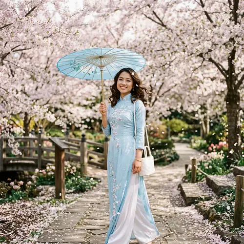 Beautiful Southeast Asian Woman in Blue Ao Dai Dress