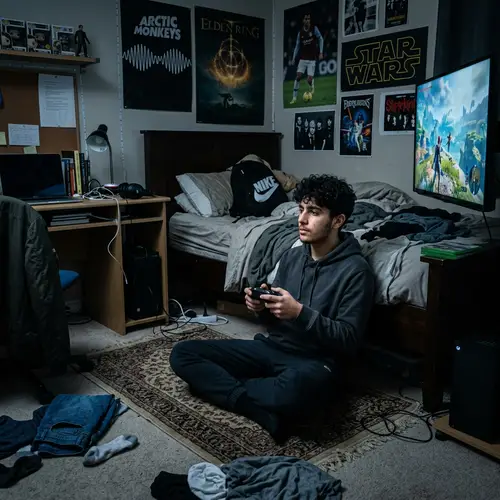 Teenage Boy Playing Video Games in Dimly Lit Bedroom