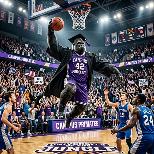 Talented College Graduate Gorilla Scores Basketball at Tense Game