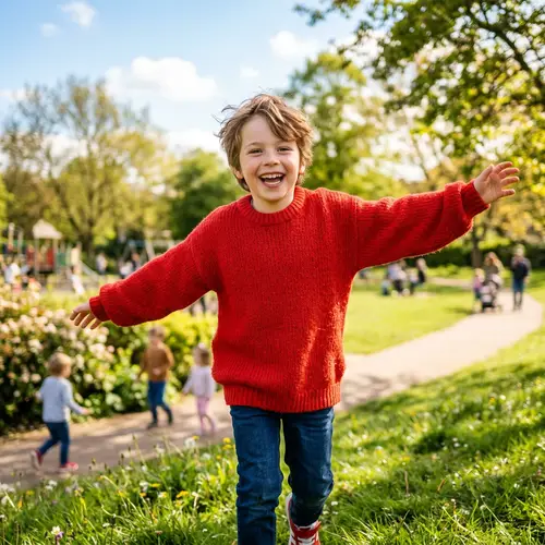 Excited 8-Year-Old Boy in Vibrant Red Jumper | Joyful Kid