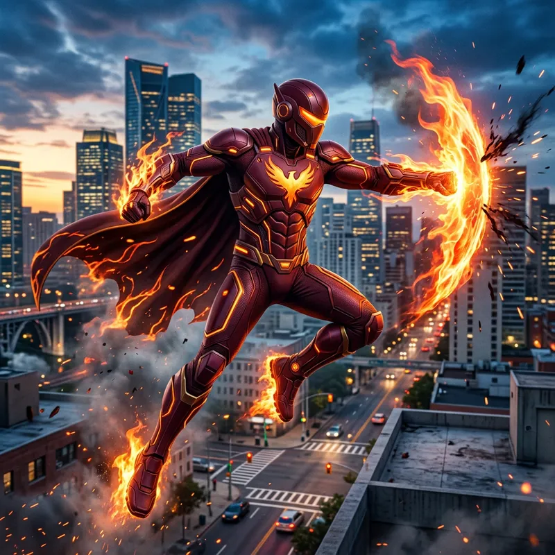 Maroon Suit Superhero with Fiery Powers