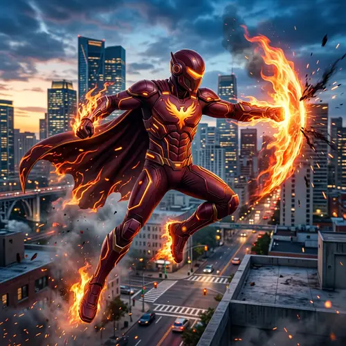 Maroon Suit Superhero with Fiery Powers