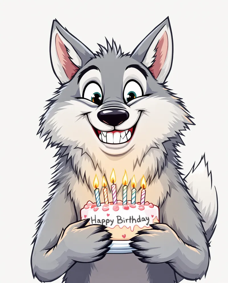 Happy Cartoon Gray Wolf with Birthday Cake