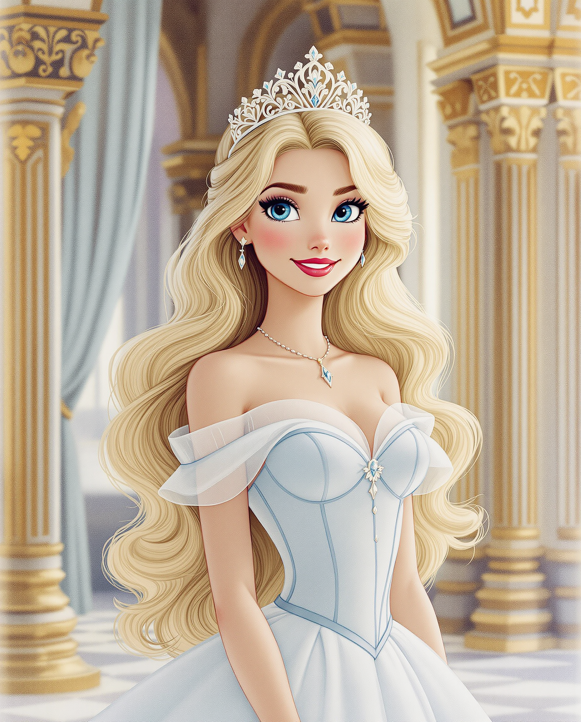 Disney Princess Cartoon Character with Blonde Hair and Blue Eyes | AI Art  Generator