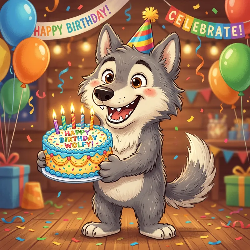 Happy Cartoon Gray Wolf with Birthday Cake