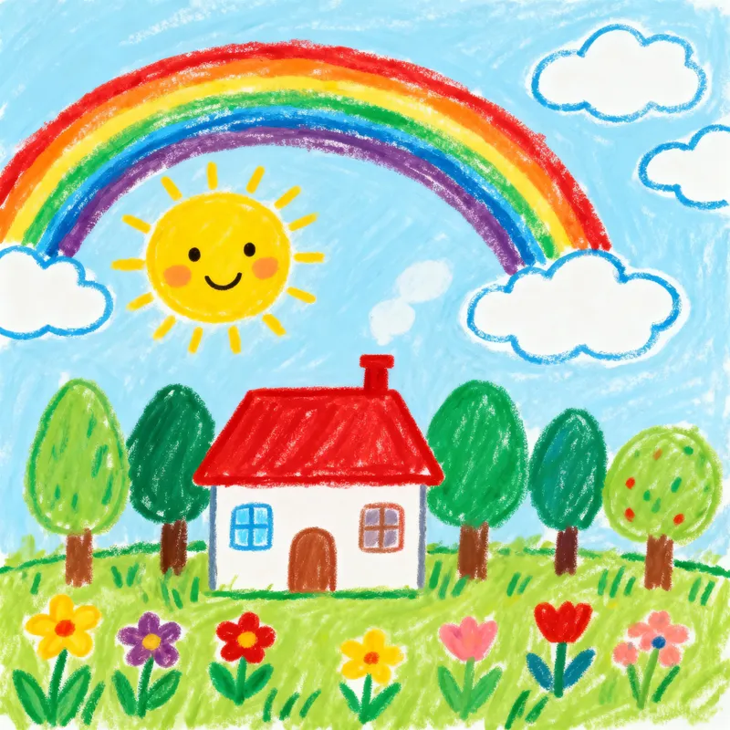 Cheerful Kids' Drawing with Sun and Rainbow