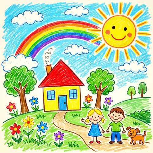 Cheerful Kids' Drawing with Sun and Rainbow