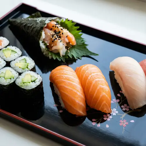 Exquisite Assortment of Traditional Sushi | Fresh Salmon, Tuna, and Temaki