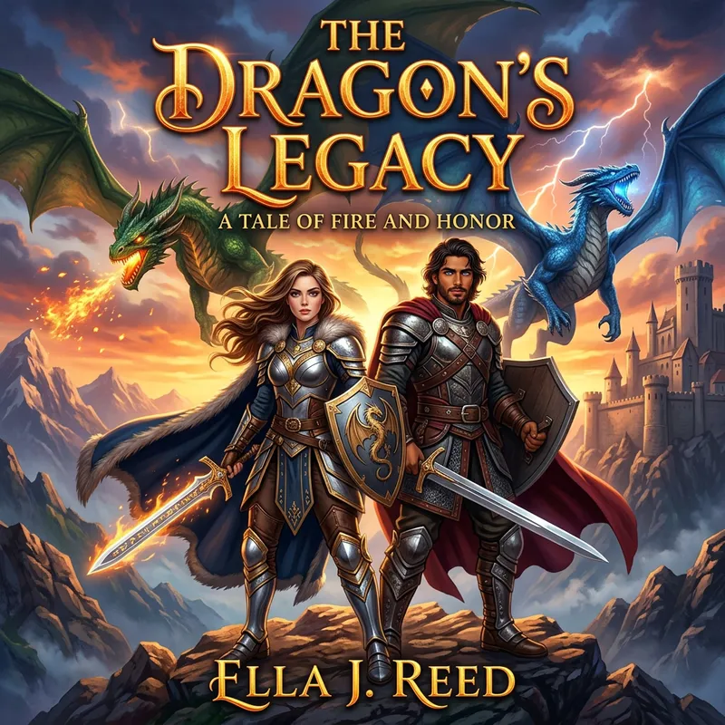 Enchanting Fantasy Book Cover with Dragon Warriors & Royal Romance