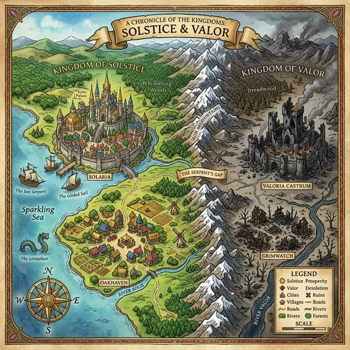 Fantasy Map Illustration of Kingdoms of Solstice & Valor