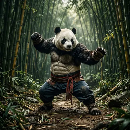 Muscular Panda Practicing Martial Arts in Dramatic Bamboo Forest