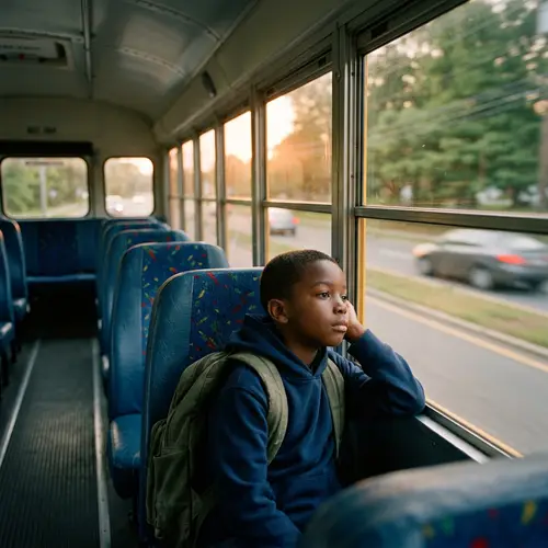 Sad Black Boy Alone on School Bus