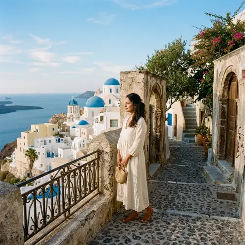 Tranquil Scene of Innocent Lady in Nostalgic Greek Architecture