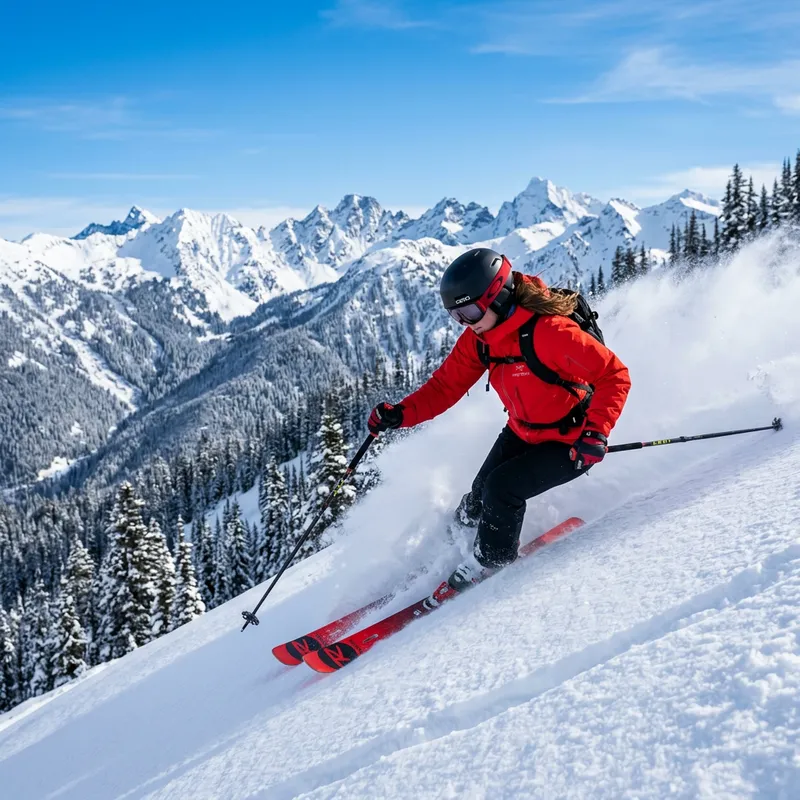 Snowy Mountain Skier with Red Ski Jacket and Black Pants