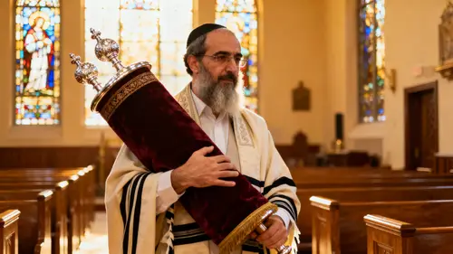 Rabbi Carrying Torah Scroll in a Synagogue