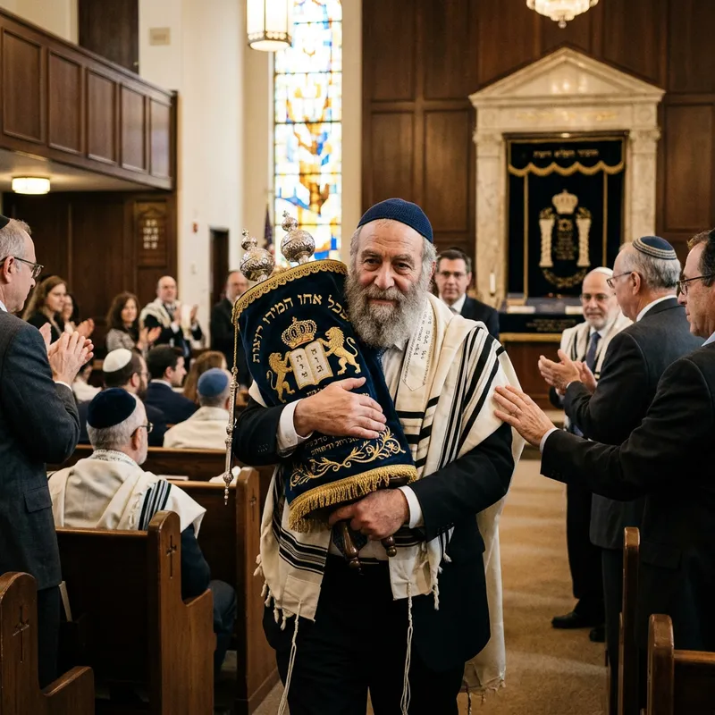 Rabbi Carrying Torah Scroll in a Synagogue