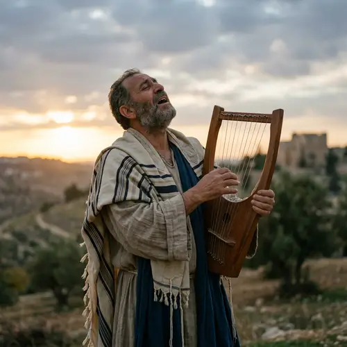 Psalmist Playing Harp and Praying to Heaven