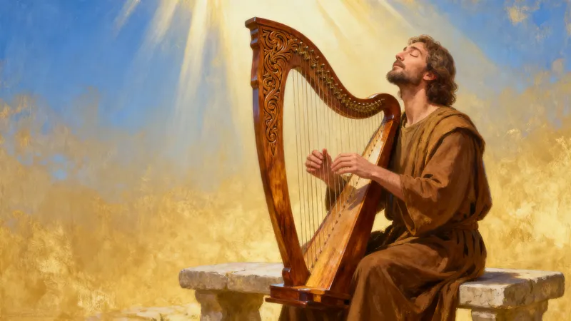 Psalmist Playing Harp and Praying to Heaven
