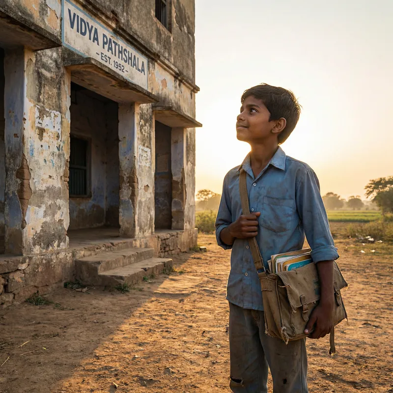 Hopeful Boy Gazes at School