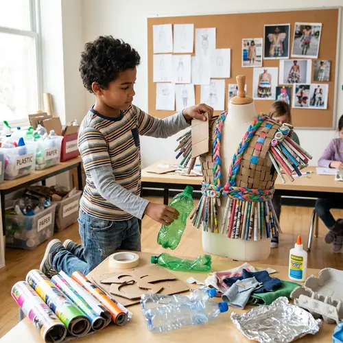 Young Mixed Race Boy Fashion Design with Recycled Materials