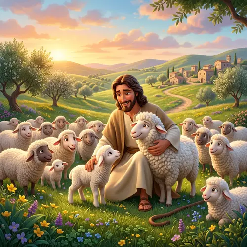 Disney Pixar Style Cartoon Jesus with Sheep
