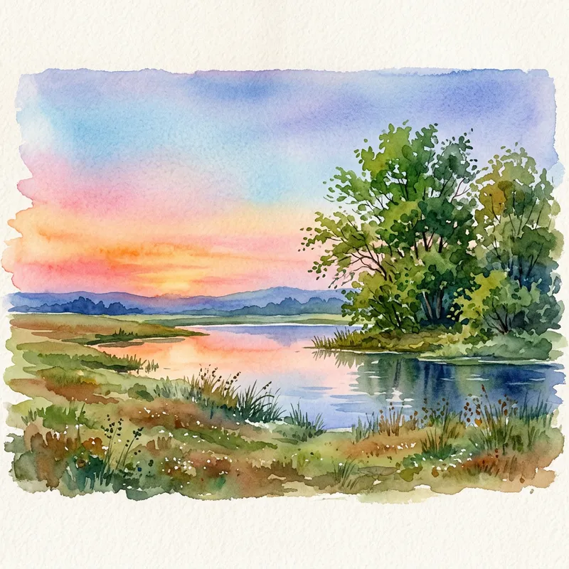 Serene Watercolor Landscape: Vibrant Sunset Reflections