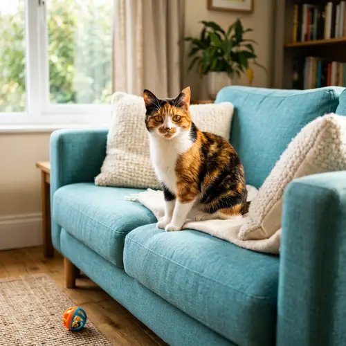 Adorable Domestic Shorthair Cat on Turquoise Sofa