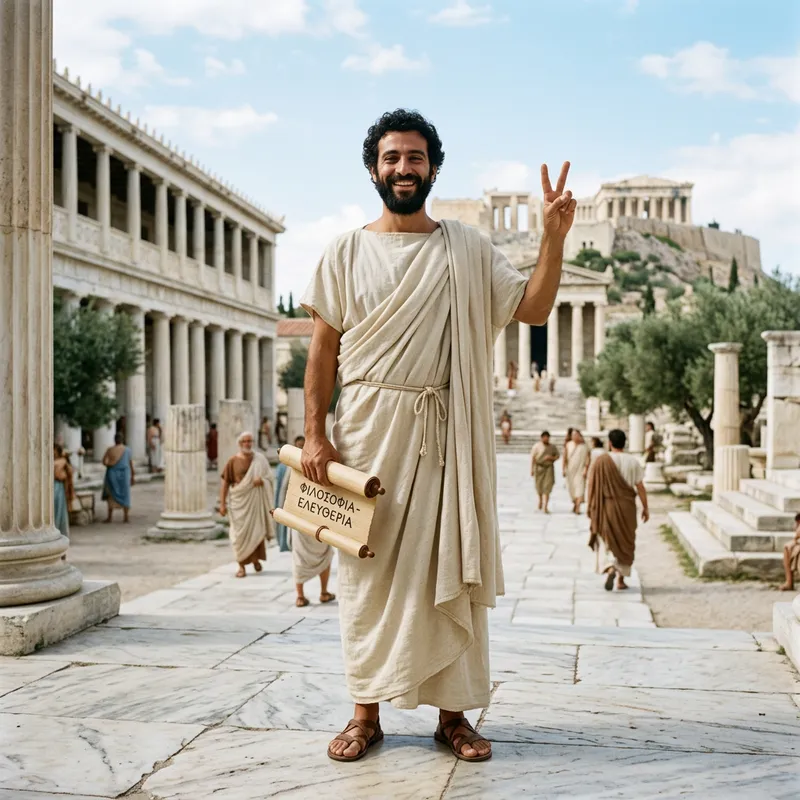 Aristotle Smiling Standing Pose Making Peace Sign Gesture