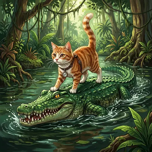 Courageous Tabby Cat Rides Ferocious Crocodile - Jungle Adventure