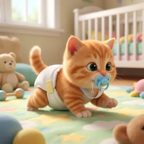 Cute Cartoon Newborn Kitten in Diapers with Pacifier