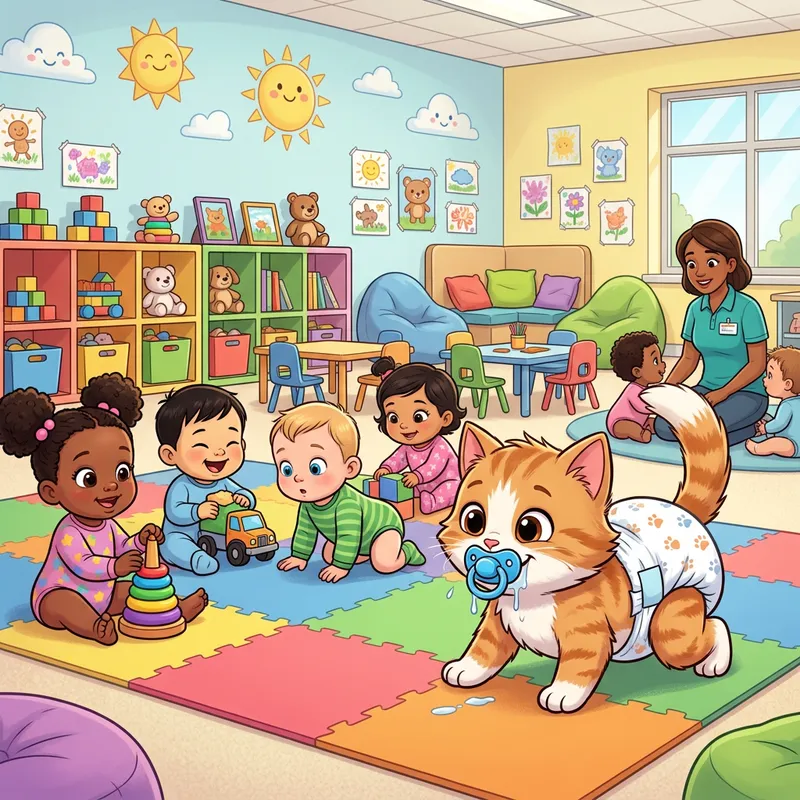 Cute Newborn Kitten Crawling with Diaper and Pacifier - Animated Cartoon Baby also Attending Daycare