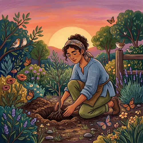 Tenderly Planting a Tree for Environmental Connection | Illustration