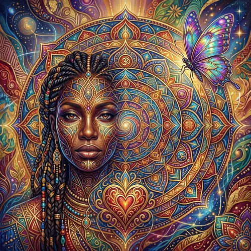 Intricately Designed Mandala with Butterfly, Heart, and African Woman