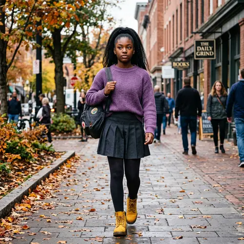 Determined Dark-Skinned Teenage Girl in Purple Sweater and Yellow Boots