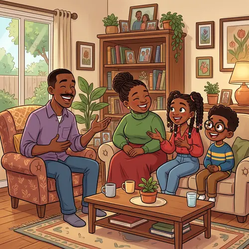 Vibrant Family Cartoon in Peaceful Home Environment