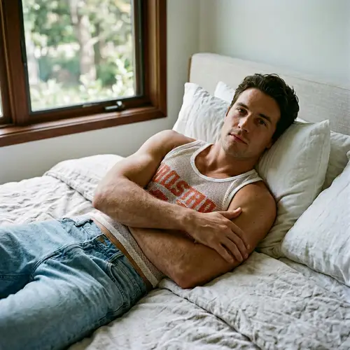 Realistic Male Portrait on a Bed with Outdoor View