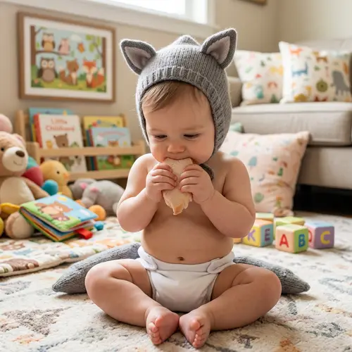 Cute Baby Wolf in Diaper Chewing Meat - Wildlife Innocence