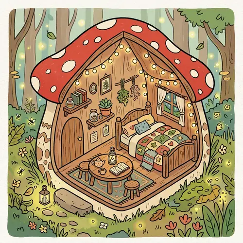 Cozy Tiny Mushroom House - Isometric Coloring Book