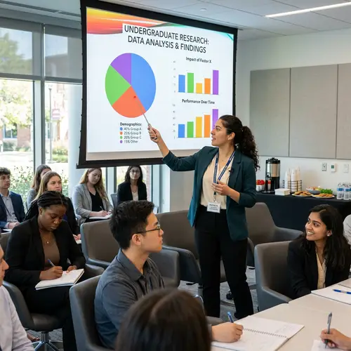 Hispanic Female Student Presenting Research with Colorful Charts