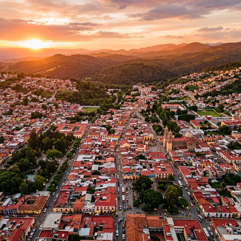Nicolas Romero Town | Aerial View at Sunset Over Unique Businesses Nicolas Romero Town | Aerial View at Sunset Over Unique Businesses