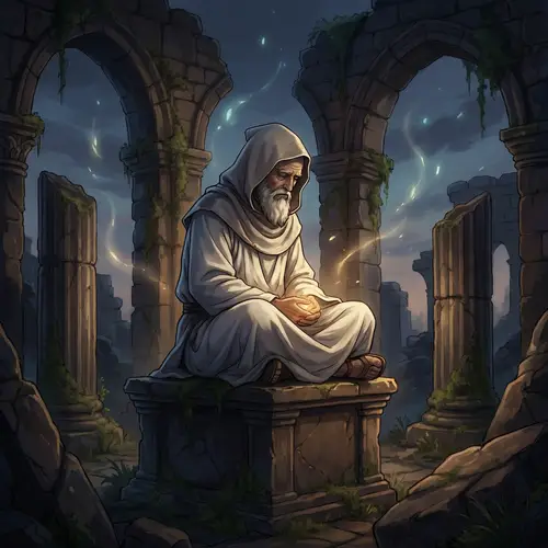 Aged Mystic Monk in Ancient Fantasy City Ruins | Contemplative Pose