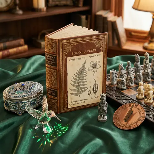 Unique Gifts Display - Vintage Music Box, Crystal Figurine, African Chess Set