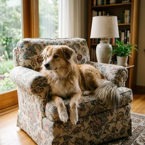 Tranquil Scene: Medium-Sized Dog Relaxing on Armchair in Indoor Setting
