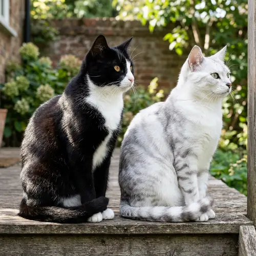 Glossy Black and Pristine White Cats with Marble Stripes