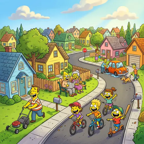 Colorful Suburban Cartoon Scene | Cheery Neighborhood Characters