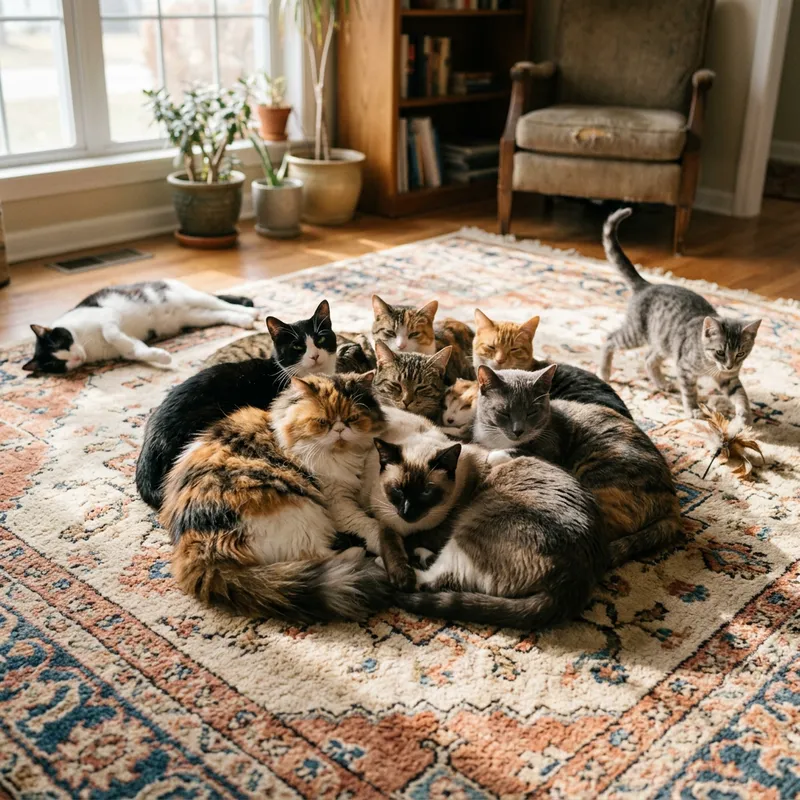 Playful Cat Group on Cozy Carpet | Diverse Feline Pack