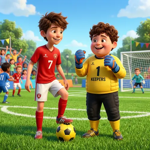 Pixar Style Drawing of Kids Playing Soccer