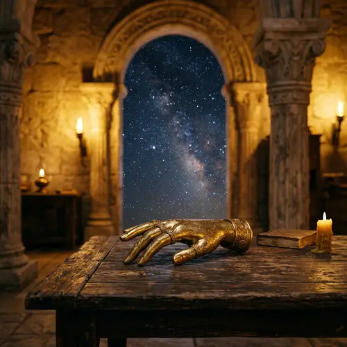 Gold Hand on Wooden Table: Mystical Room with Stars